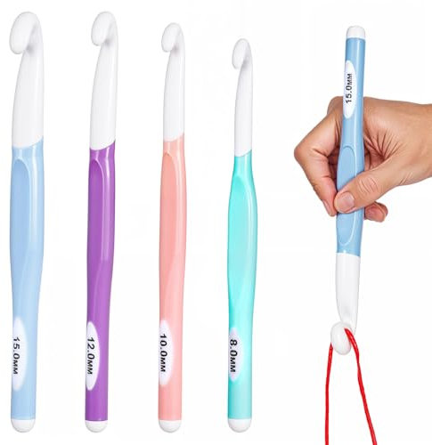 Groß Häkelnadel Set, 4 Stück langes Häkelnadel-Set 8–15 mm Ergonomische Häkelnadeln Häkelwerkzeuge mit Gummigriff DIY-Garnwebnadeln zum Stricken von Decken Schals Teppichen Taschen Hüten Socken Schals