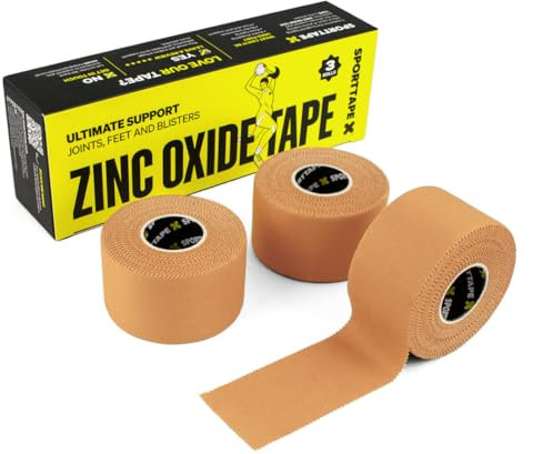 3 Rolls SPORTTAPE Tan Zinc Oxide Tape 3.8 cm x 10 m – Rigid Rayon Strapping for Blister Prevention, Ankle & Joint Support | Strong Adhesive Athletic Tape for Rugby, Football, Physio