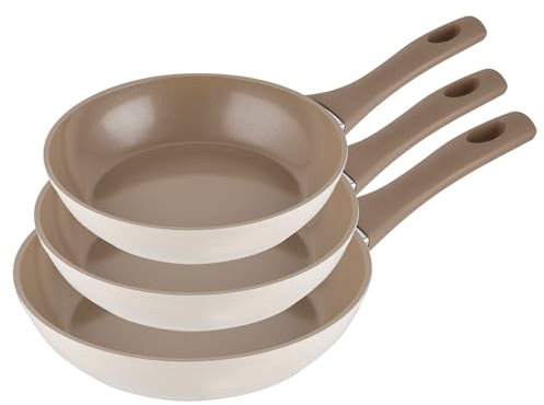 FLORINA MOKKA Juego de 3 sartenes de aluminio | Revestimiento antiadherente | Para todo tipo de placas, incluida la inducción | Asas suaves al tacto | Resistentes al calor | Fáciles de limpiar