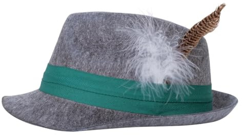 P’TIT CLOWN - 23845 - Chapeau Bavarois Adulte - Borsalino avec Ruban et Plumes - Chapeau Tyrolien - Accessoire Costume Oktoberfest, Fête de la Bière, Carnaval - Gris
