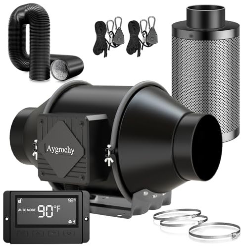 Aygrochy Lüftungsset 100mm, Rohrventilator mit Temperatur- und Feuchtigkeitsregler, Aktivkohlefilter Schlauch Abluft Lüfter, Belüftungssystem Lüftungsset für Growzelt