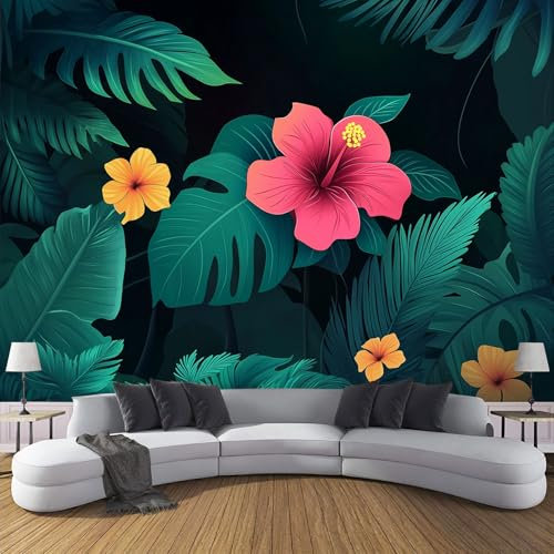 MIATCENRT Papier Peint 3D Vert Foncé Fleurs Jungle Mural, Peinture Décorative Adulte Enfant Chambre Salon Papier Peint, Effet Mur Géant 350X256Cm (L×H) Moderne Tissu De Soie Murale