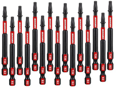 GEINXURN 15 stycken T20 slagtålig skruvbitssats 75 mm längd stark magnetisk #20 Torx skruvdragare 1/4 tum sexkantsdrivbits, S2 legerat stål T20 skruvmejsel bits set
