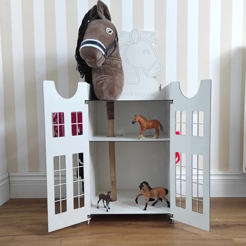 Hobby Horse Stall, establo para 2 caballos, establo de madera para 2 caballos, soporte para caballos, accesorios con espacio de almacenamiento y ganchos