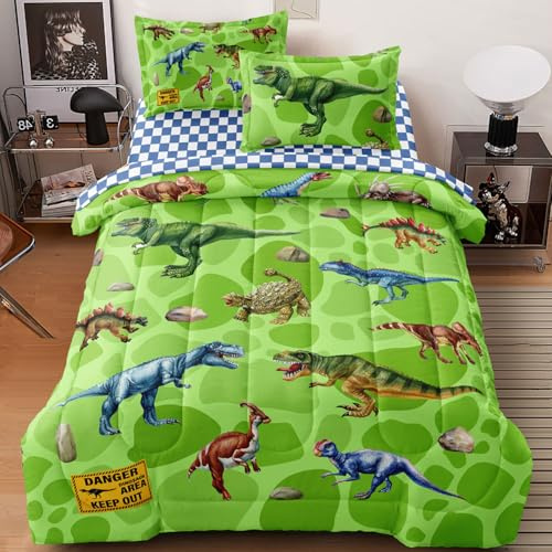 Leaflin Kids Dino Comforter Set Twin Size for Boys Girls Green Dinosaur Bedding Quilt Sets 5 Pieces Bed in A Bag with Comforter Sheets Pillowcases