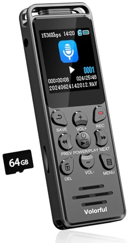80GB 70H Grabadora de Voz Profesional Digital Portátil Volorful | 64GB Tarjetas de Memoria, 16GB de Memoria Integrada, 1,44 Pantalla Color, Activación por Voz, Clases Reuniones Entrevistas