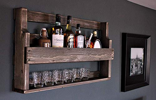 Dekorie Whisky Regal aus Holz - mit Gläserhalter - Braun - Industrie Stil - fertig montiert - Wandbar fürs Esszimmer 90 x 50 x 15 cm