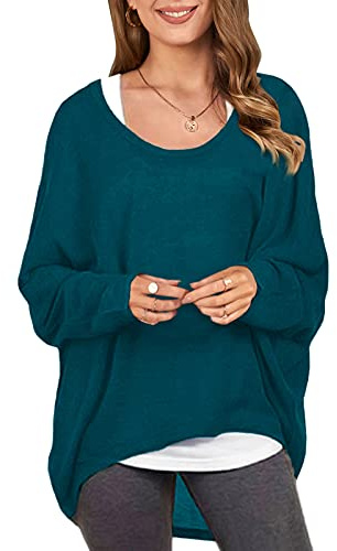 ZANZEA Mujer Jersey Manga de Murciélago Irregular Tallas Grandes Casual Tops Sexy Suéter Suelta Camiseta Manga Larga 01-Cian 3XL