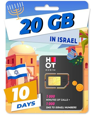 Hot Mobile Israel Prepaid-SIM-Karte, 20 GB in Israel, 1000 Minuten, 1000 SMS, 4G | LTE, Obligatorische Aktivierung auf unserem Portal (www Marco Polo Mobile com)