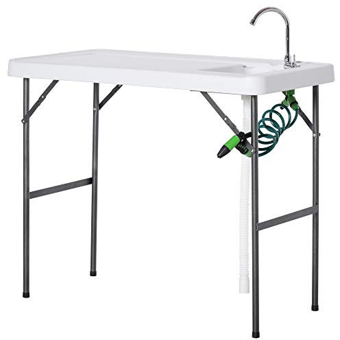 Outsunny Mesa Plegable de Picnic Multifuncional con Fregadero Grifo y Pistola de Riego Extensible para Balcón Jardín Camping Barbacoa Exterior Metal 114,5x59x94,5 cm Blanco