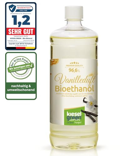 KieselGreen Bioethanol 1 Liter mit Duft für Ethanol-Kamin, viele Sorten - Bio Ethanol als Raumduft in vielen Duftnoten - Parfüm für Bio Ethanol Kamin Indoor oder Bioethanol Tischfeuer (Vanille)