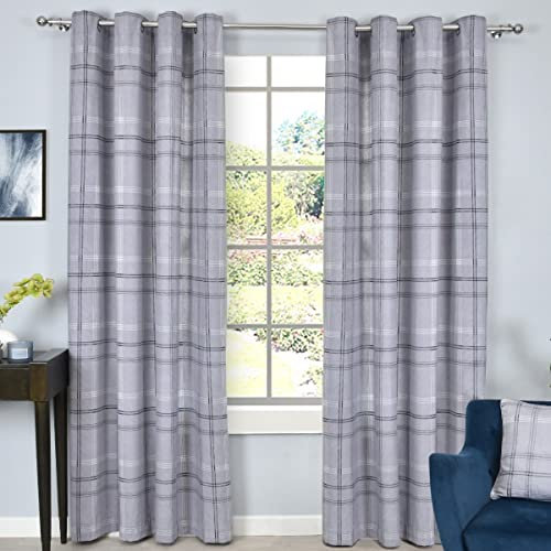 Sleepdown Printed Check Thermal Insulated Eyelet Curtains for Bedroom and Living Room - Grey - 46x54 - 2 Panels