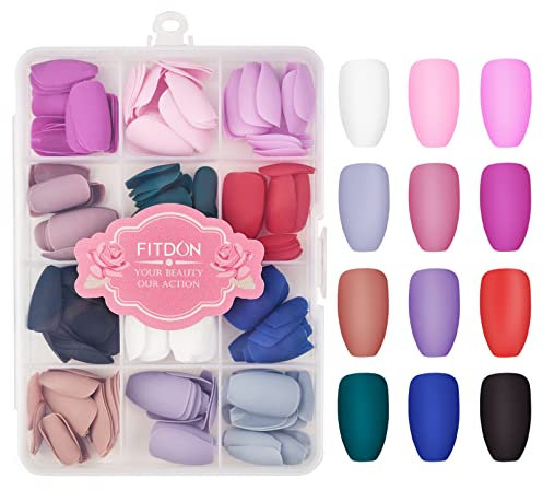 FITDON 288 Stück Matte Drücken auf Nägeln Voll Abdeckung kunstnägel zum aufkleben, Coffin Falsche Nägel Gefälschte Nägel Acryl Nagelspitze Künstliche Fingernägel Ballerina, 12 Farben