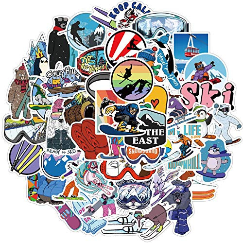 AUCEKO Confezione da 50 adesivi da sci, set di adesivi per sci, adesivi in vinile impermeabili per laptop, bambini, auto, moto, bicicletta, skateboard, bagagli, valigie, adesivi per computer, decal