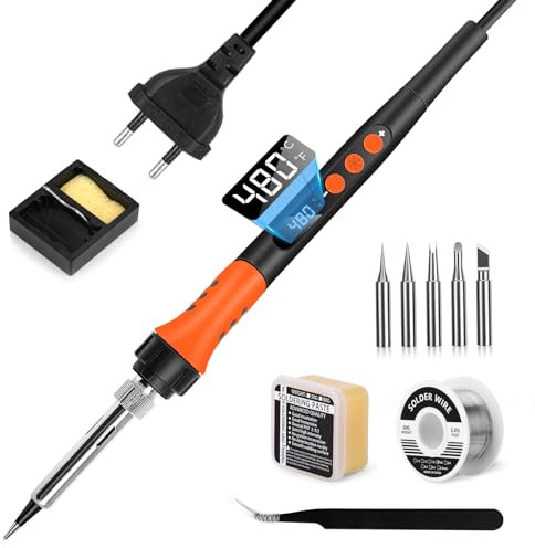 Lötkolben Set, Daakro 90W Lötkolben mit Einstellbarer Temperatur 180 °C - 480 °C& thermostatischem Design, LCD Bildschirm Lötset mit Lötdraht, 5 Lötspitzen und Lötkolbenständer für Schweißreparaturen