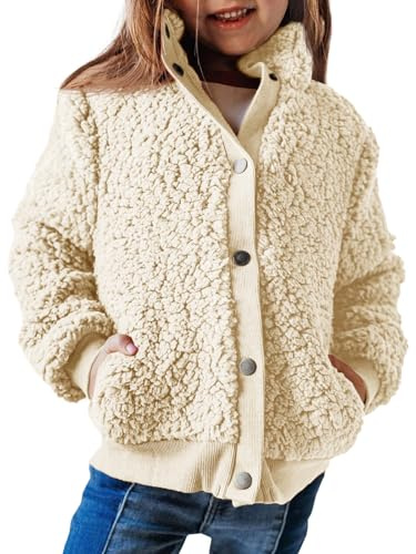 Haloumoning Veste pour fille à manches longues Sherpa Teddy Polaire Manteau enfant Veste chaude avec poches et boutons, beige, 13-14 ans