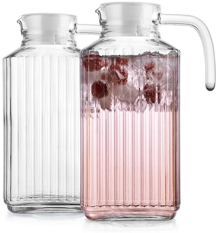 Fridge Pitcher Set of 2– 60 OZ. Glass Water Pitcher with Lid By Home Essentials & Beyond Practical and Easy to use. Great for Lemonade, Iced Tea, Milk, Cocktails and more Beverages.