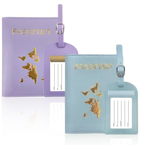 AUEFUDQ Porte-Passeport Housse, 2 Pcs Couvertures De Passeport Et 2 Pcs Étiquette Valise, Pu Cuir Imperméable Etiquette Bagage Pour Les Couples Fête De Mariage Honeymoon Voyage (violet, bleu clair)
