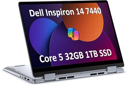 Dell Inspiron 14 7440 2-in-1 Laptop (14 Zoll FHD+ Touchscreen, Intel Core 5 120U (> i7-1355U), 32 GB DDR5, 1 TB SSD), für Creator, Designer, 10 Stunden Akkulaufzeit, Hintergrundbeleuchtung, Win 11 Pro