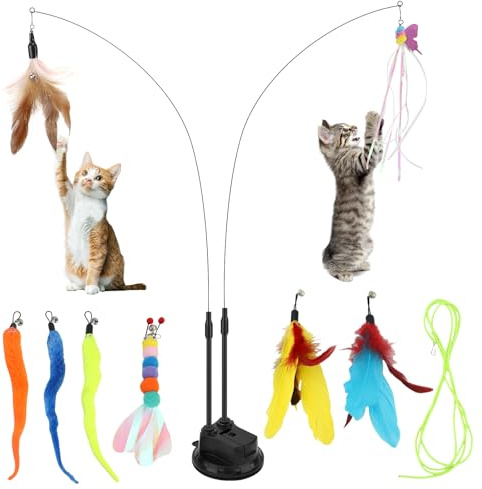 VINGVO Juguete Pluma de Gato Interactivo, 14 Piezas Juguetes para Gatos, Juguetes para Gatos con 2 Teaser y Ventosa, 3 de Repuesto Plumas con Campana para Gato Jugar Ejercitar Interior