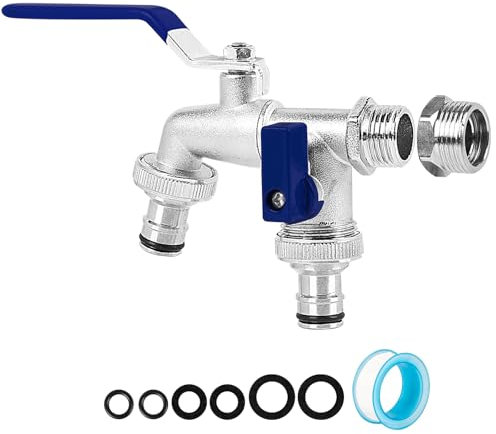 Double Outlet Garden Tap Outside Tap Universal 3/4 and 1/2 inch, Brass Alloy Double Outdoor Water Tap Garden Hose Tap with Double Hose Connectors Rust and Frost Resistant