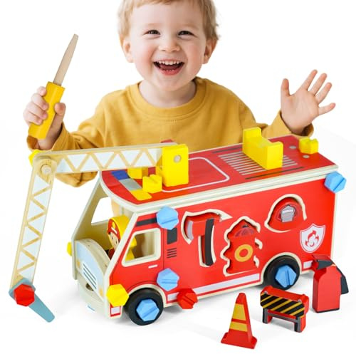 Camion Bomberos Juguete de Madera, Juguetes Niños 3 años Montessori Educativos, Maletin De Bomberos con Numerosos Accesorios, Regalo Niño 3 4 5 6 años