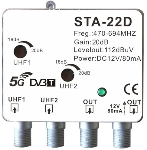Amplificatore da palo antenna TV digitale terrestre DVB-T2 filtro 5G LTE 2 ingressi 2 uscite UHF regolabile 4-20dB