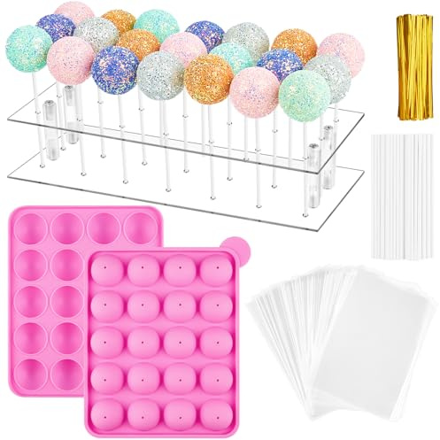 Kucoele Cake Pop Mold Set, Including 21 Hole Clear Acrylic Lollipop Display Stand Holder, 20 Cavity Pink Silicone Cake Pop Mold, Cake Pop Sticks Treats Bags and Twist Ties