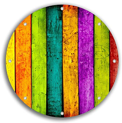 Wallario rundes Outdoor-Poster für Garten oder Balkon Buntes Holz - Bunte Streifen mit Farbe und Holzstruktur, Motivbanner 30 cm Durchmesser