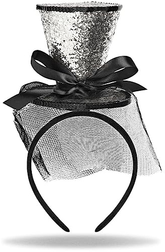 Hatstar Diadema con forma de cilindro con purpurina, diadema para mujer, sombrero de fiesta para hombre, con lazo y velo, accesorio para Halloween, carnaval y carnaval (plateado)