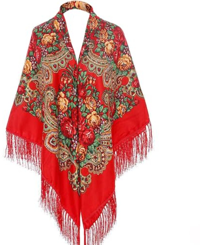 Russian Style Muffler Scarf Women's Traditional Scarf Wrap with Tassel Neck Head Retro Shawl Fringes Printing Cape/Red