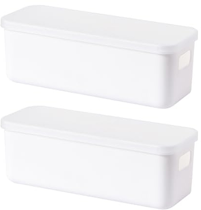 2 Pezzi Cestino Portaoggetti Plastica con Coperchio, Scatole Immagazzinaggio Rettangolari, Scatola Portaoggetti con Maniglie Portaoggetti Box Organizzatore per Cucina, Bagno, Cosmetici (28×9,5×10cm)