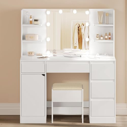 WOLTU Schminktisch mit Beleuchtung, Steckdosenleiste, Hocker, Einstellbarer Helligkeit, Große Schminktisch mit Spiegel, 5 Schubladen, offenen Fächern, Schrank, Frisiertisch Weiß für Schlafzimmer