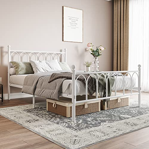 JELUTE Double Metal Bed Frame 135 x 190 cm with Headboard and Footboard Heavy Duty Foundation,Metal Slat Support,White,