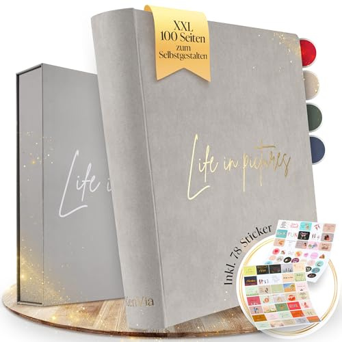 KenVia® Fotoalbum zum Selbstgestalten - XXL 100 weiße Seiten (50 Blatt)- Foto-Album 30x30 groß für 400 Fotos mit Stickern & Geschenkbox - Erzähle dein Leben in Bildern - Dein Fotobuch zum Einkleben