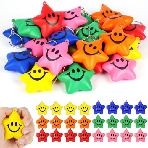 Ainiv 24 Palle Antistress, Stella Palline Squeeze Antistress in Schiuma con Portachiavi, Mini Molteplici Espressioni Palle Antistress per Festa, premi, Regali di Compleanno
