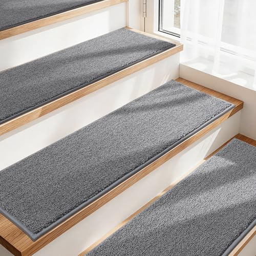 COSY HOMEER 15 alfombrillas para peldaños de escaleras, 70 x 22 cm, autoadhesivas, lavables a máquina, 100 % poliéster, respaldo TPE, ideal para niños, personas mayores y mascotas, color gris