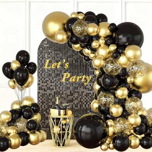 Kit Arche Ballon Noir Or, 115 Pièces Noirs Dorés Ballons Guirlande avec Ballons Confetti Dorés, Arche de Ballon pour Fête Prénatale, Deco Anniversaire, Baby Shower, Mariage, Diplômé, Ramadan