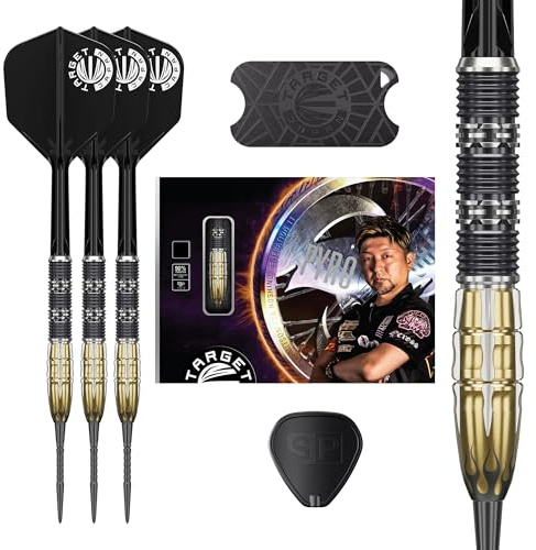 Target Japan Pyro G11 Steel Tip Darts with Kflex, 24G | 90% Tungsten Dart Set, K-Flex Flights and Shafts No.6, Swiss Point Storm Surge, Player Mitsumasa Hoshino Gen 11, Storage Tin & Point Guard