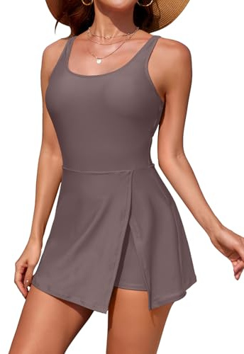 SHEKINI Maillot de Bain Femme 1 Pieces Jupe Fendue Shorts intégrés avec Poche Contrôle du Ventre Push Up Rembourré Col en U Swimsuit Élégant