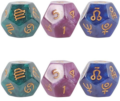 Toddmomy Lot de 6 Dés Polyédriques de Constellation, 12 Faces, Couleur Multicolore, Matériau Solide, Accessoires pour Jeux de Rôle et Jeux de Société, Outil de Divination et Lancer de Dés