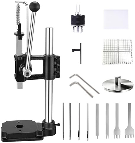 Leather Hole Puncher Hand Punching Machine for DIY Craft Punching Holes Cutting, Forming Pressing,Install Rivets and Snap Buttons (with Chuck, PP Plate and 8pcs Tools and Aluminum Plate)