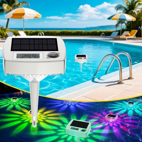 Termometro Digitale Solare Galleggiante per Piscina con Luce Notturna RGB - Termometro per Piscina Impermeabile IP68 con Sensori Giorno/Notte Automatici, 8 Modalità Luce e Controllo Manuale