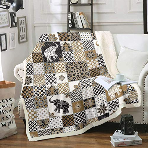 Loussiesd Bohemian Boho Mandala Print Fleece Throw Blanket 3D Elephant Geometric Grid Plush Blanket for Adults Vintage Indian Tribal for Sofa Bed Couch Single 50x60 Inch