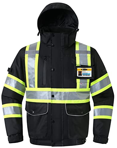 JKSafety 10 Pockets Hi-Vis Waterproof 3M Reflective Winter Bomber Jacket | Black Color | Secured Tablet Pocket | Detachable Hood and Retractable ID Pocket (118-Black, Medium)