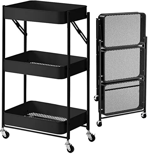 BAKAJI Carrello Cucina Pieghevole con 3 Ripiani Cestelli 4 Ruote girevoli a 360 Gradi con Freno Integrato in Metallo Trolley Salvaspazio da Servizio Dimensioni 29 x 40 x 76 cm (Nero)