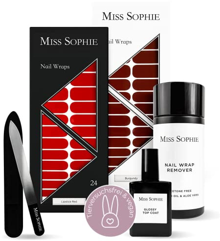 Original Miss Sophie’s Starterset I Selbstklebende Nagelfolien I Nagelaufkleber in Burgundy & Lipstick Red I Langer Halt I Schnelle & einfache Anwendung I Premium Nagellackfolie