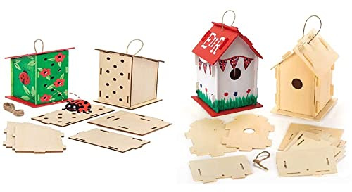 Baker Ross AT884 Wooden Ladybird House Kits - Pack of 2, for Kids Arts and Crafts Projects & EF665 Wooden Birdhouse Kits (Pack of 2) for Kids to Make & Decorate