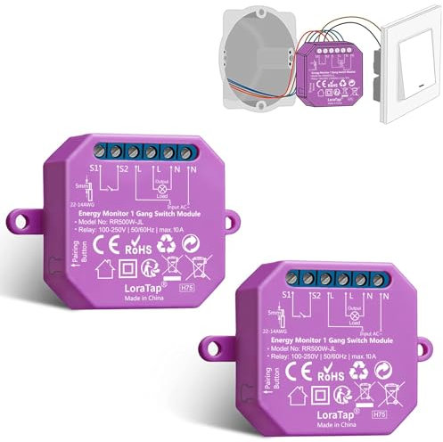 LoraTap 2 Interruptores WiFi 5A 1150W con Medidor de Consumo de Energía, Conmutador Paralelo Inteligente, Control a Distancia por Móvil, Relé Modulo Smart Compatible con Alexa
