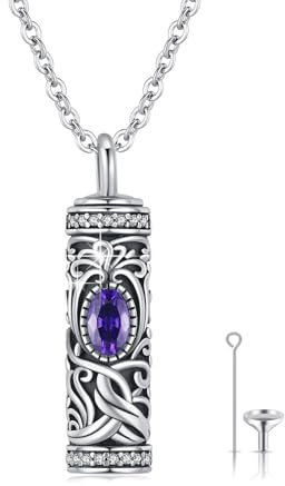XIXLES Livets träd urna halsband för aska, sterlingsilver livets träd kremering smycken, minnessmycken gåva för kvinnor, cylinder urna halsband för män, sterlingsilver lila kristall
